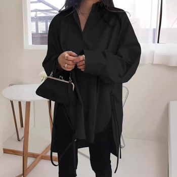 Cămașă pentru femei, stil cardigan, croială lejeră, mâneci lungi, guler polo, material din amestec de bumbac