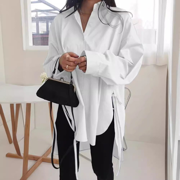 Γυναικείο πουκάμισο με στυλ ζακέτας, χαλαρή γραμμή, μακριά μανίκια, γιακά πόλο, ύφασμα από βαμβάκι-πολυεστέρα