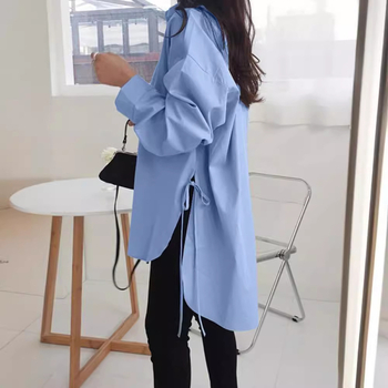 Γυναικείο πουκάμισο με στυλ ζακέτας, χαλαρή γραμμή, μακριά μανίκια, γιακά πόλο, ύφασμα από βαμβάκι-πολυεστέρα