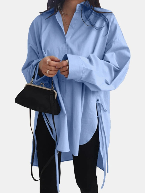 Cămașă pentru femei, stil cardigan, croială lejeră, mâneci lungi, guler polo, material din amestec de bumbac
