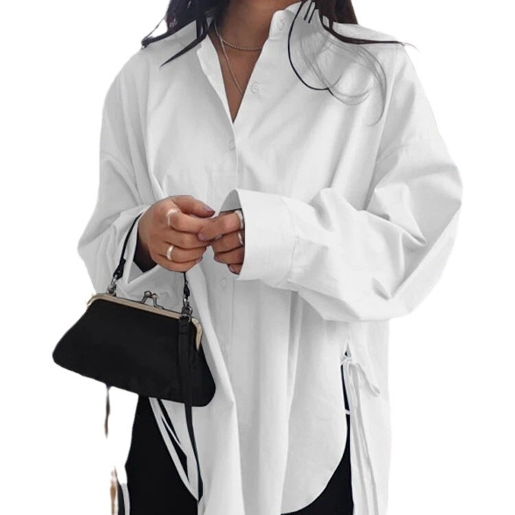 Cămașă pentru femei, stil cardigan, croială lejeră, mâneci lungi, guler polo, material din amestec de bumbac