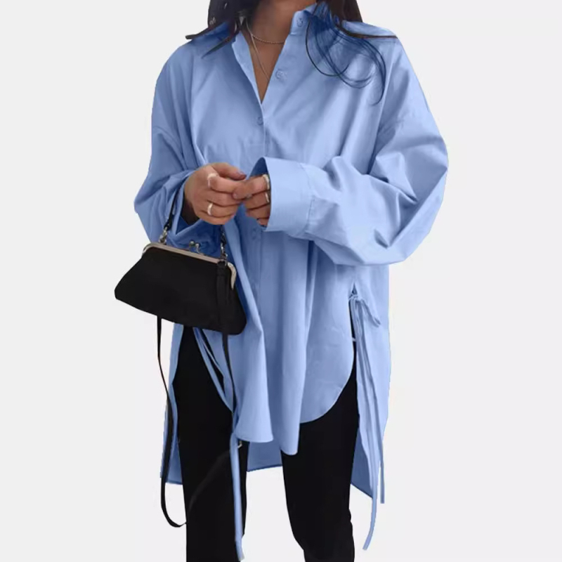 Cămașă pentru femei, stil cardigan, croială lejeră, mâneci lungi, guler polo, material din amestec de bumbac