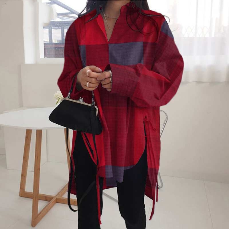 Cămașă pentru femei, stil cardigan, croială lejeră, mâneci lungi, guler polo, material din amestec de bumbac