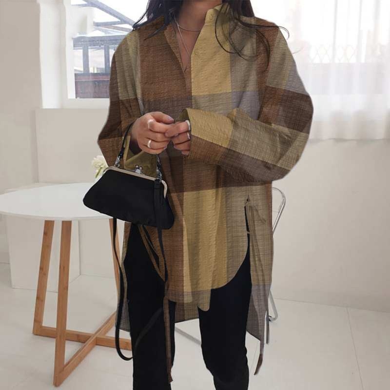 Cămașă pentru femei, stil cardigan, croială lejeră, mâneci lungi, guler polo, material din amestec de bumbac