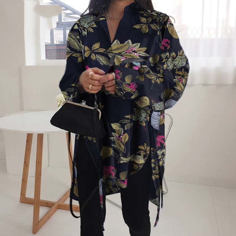 Cămașă pentru femei, stil cardigan, croială lejeră, mâneci lungi, guler polo, material din amestec de bumbac
