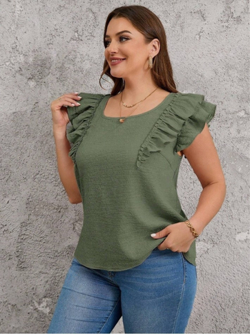 Тениска с летящи ръкави и квадратно деколте, солиден модел, полиестер-еластан смес, 80-90% полиестер, зима 2024