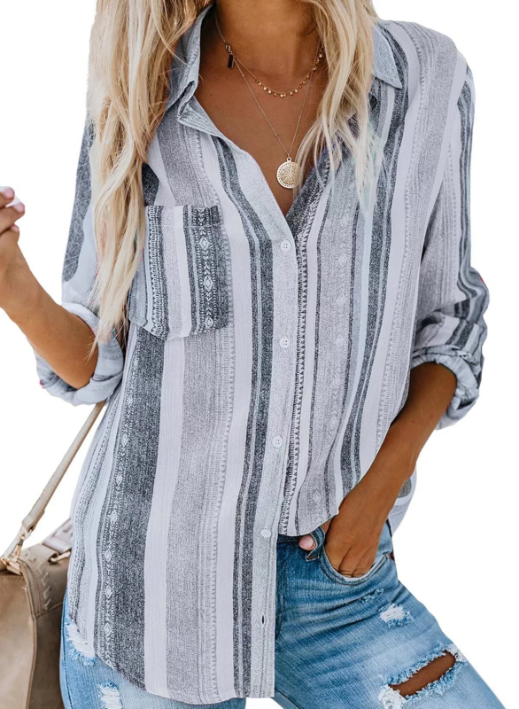 Női csíkos pamut ing, hosszú ujjú, gallér, 70–80% pamut, mindennapi városi stílus