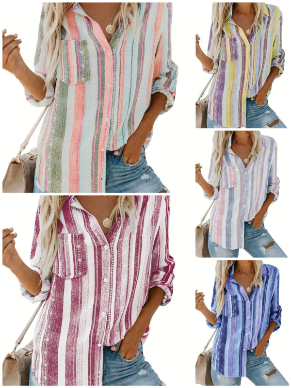 Női csíkos pamut ing, hosszú ujjú, gallér, 70–80% pamut, mindennapi városi stílus