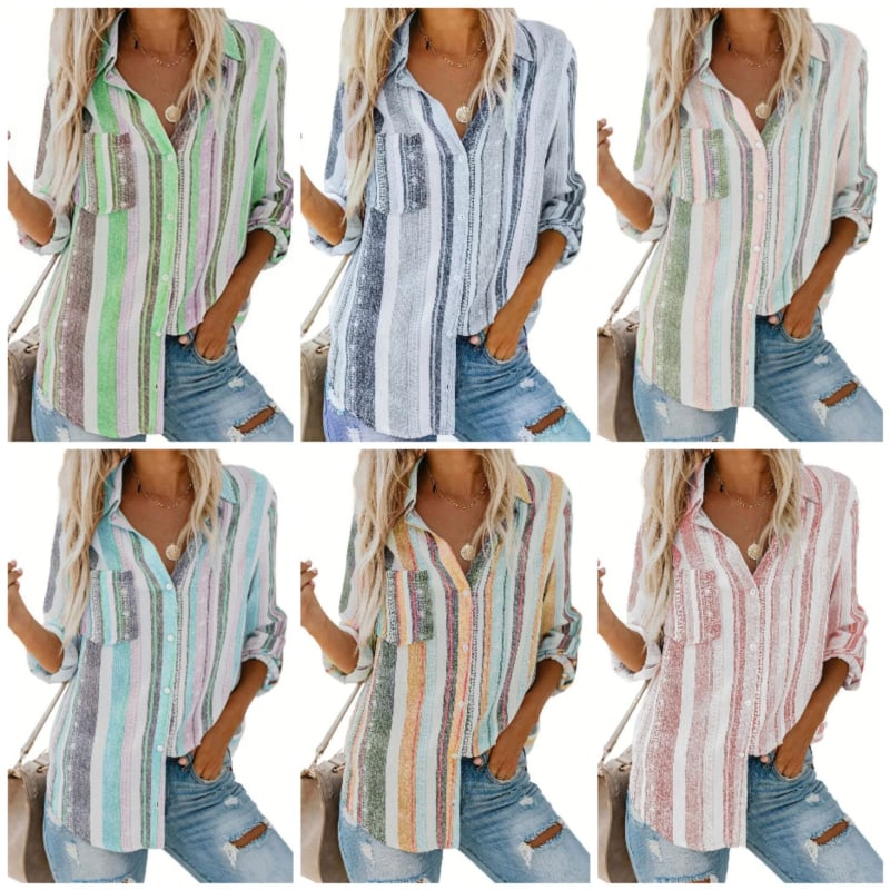 Női csíkos pamut ing, hosszú ujjú, gallér, 70–80% pamut, mindennapi városi stílus