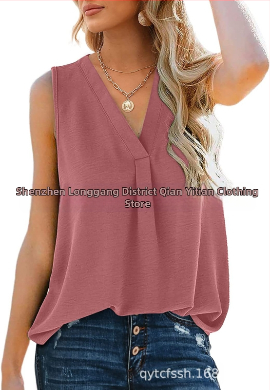 Bluza damă din chiffon, fără mâneci, decolteu în V, croială lejeră, amestec poliester-spandex