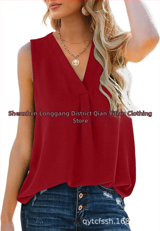 Bluza damă din chiffon, fără mâneci, decolteu în V, croială lejeră, amestec poliester-spandex