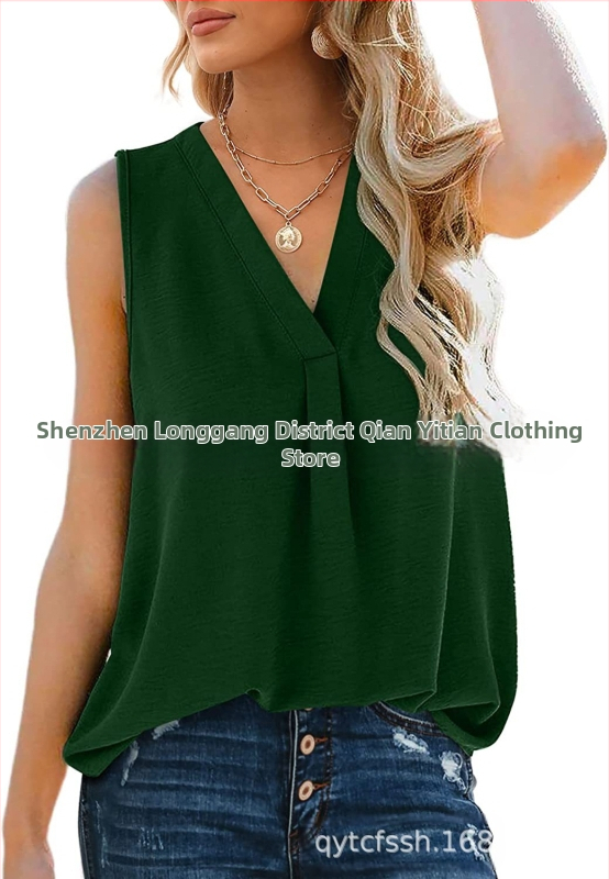 Bluza damă din chiffon, fără mâneci, decolteu în V, croială lejeră, amestec poliester-spandex