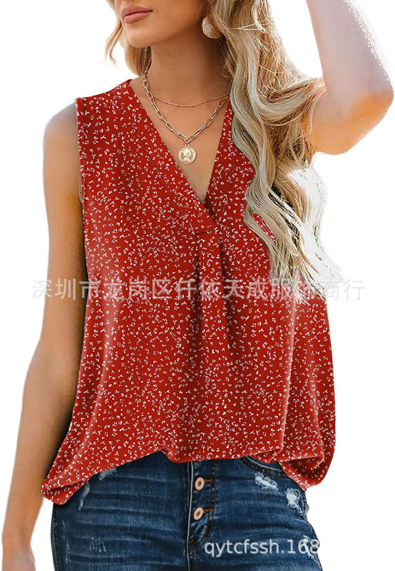 Bluza damă din chiffon, fără mâneci, decolteu în V, croială lejeră, amestec poliester-spandex