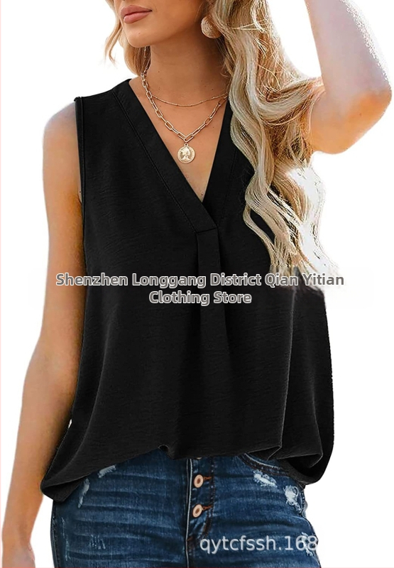 Bluza damă din chiffon, fără mâneci, decolteu în V, croială lejeră, amestec poliester-spandex