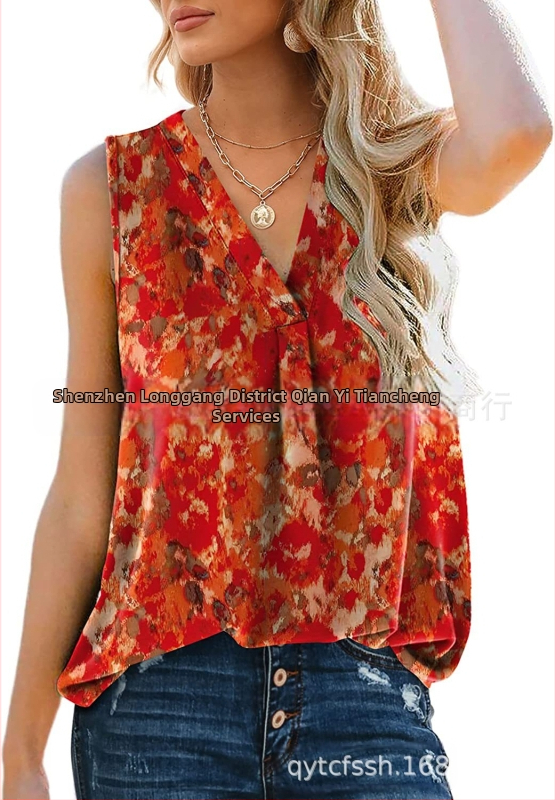 Bluza damă din chiffon, fără mâneci, decolteu în V, croială lejeră, amestec poliester-spandex