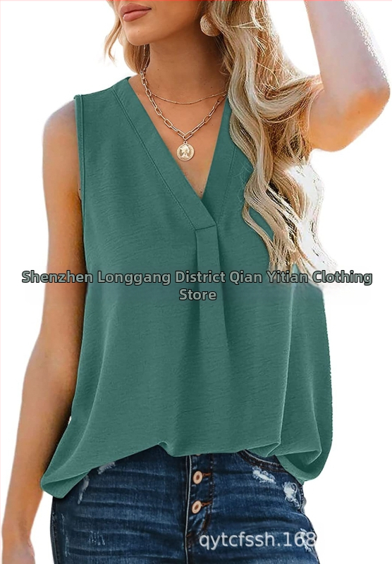 Bluza damă din chiffon, fără mâneci, decolteu în V, croială lejeră, amestec poliester-spandex