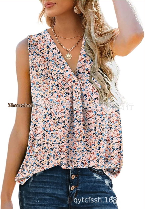 Bluza damă din chiffon, fără mâneci, decolteu în V, croială lejeră, amestec poliester-spandex