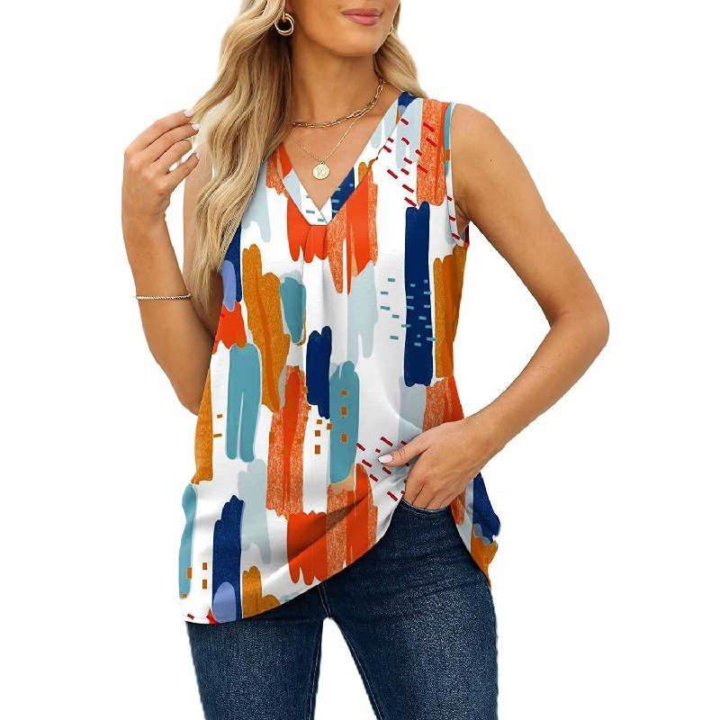 Bluza damă din chiffon, fără mâneci, decolteu în V, croială lejeră, amestec poliester-spandex