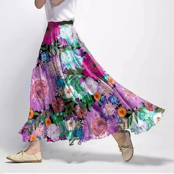 Пола А‑линия, миди дължина, еластична талия, ретро флорална щампа, полиестер