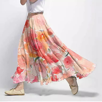 Пола А‑линия, миди дължина, еластична талия, ретро флорална щампа, полиестер