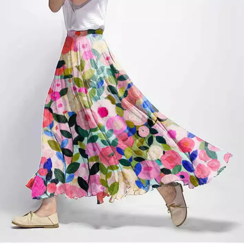 Пола А‑линия, миди дължина, еластична талия, ретро флорална щампа, полиестер