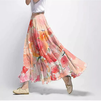 Пола А‑линия, миди дължина, еластична талия, ретро флорална щампа, полиестер