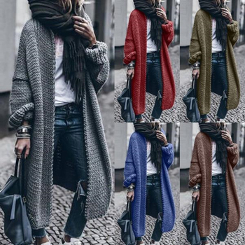 Cardigan tricotat din acril, mâneci lungi, decolteu în V, croială lejeră, lungime lungă