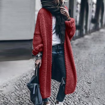 Cardigan tricotat din acril, mâneci lungi, decolteu în V, croială lejeră, lungime lungă