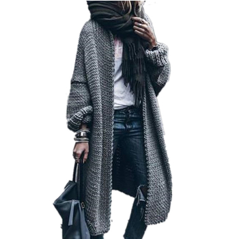 Cardigan tricotat din acril, mâneci lungi, decolteu în V, croială lejeră, lungime lungă