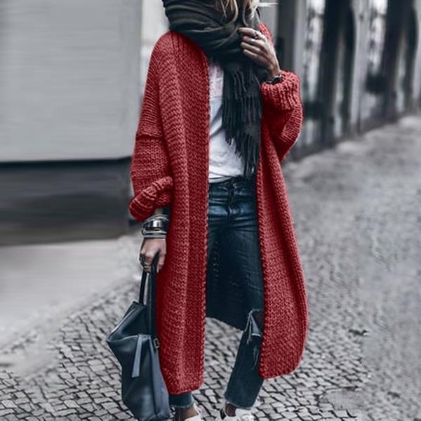 Cardigan tricotat din acril, mâneci lungi, decolteu în V, croială lejeră, lungime lungă