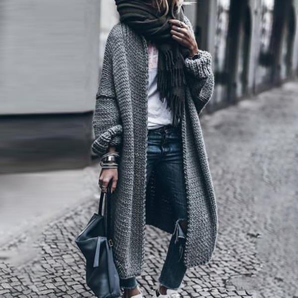 Cardigan tricotat din acril, mâneci lungi, decolteu în V, croială lejeră, lungime lungă