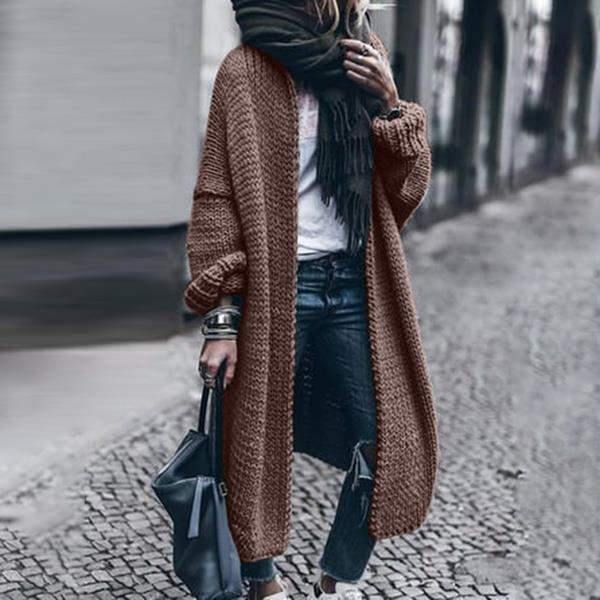 Cardigan tricotat din acril, mâneci lungi, decolteu în V, croială lejeră, lungime lungă