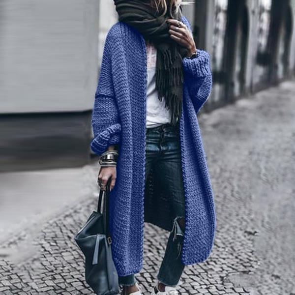 Cardigan tricotat din acril, mâneci lungi, decolteu în V, croială lejeră, lungime lungă
