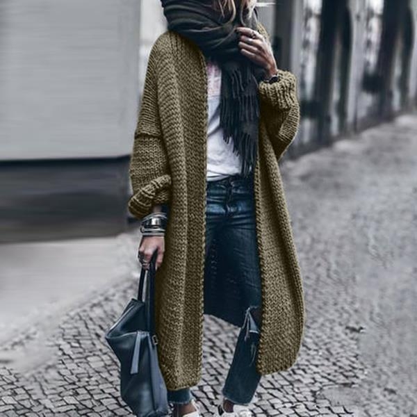Cardigan tricotat din acril, mâneci lungi, decolteu în V, croială lejeră, lungime lungă