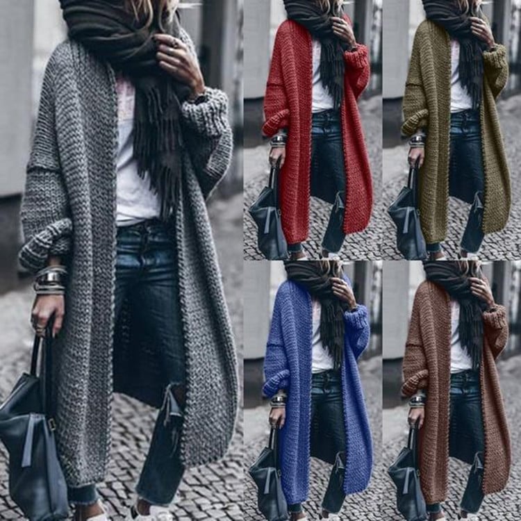Cardigan tricotat din acril, mâneci lungi, decolteu în V, croială lejeră, lungime lungă