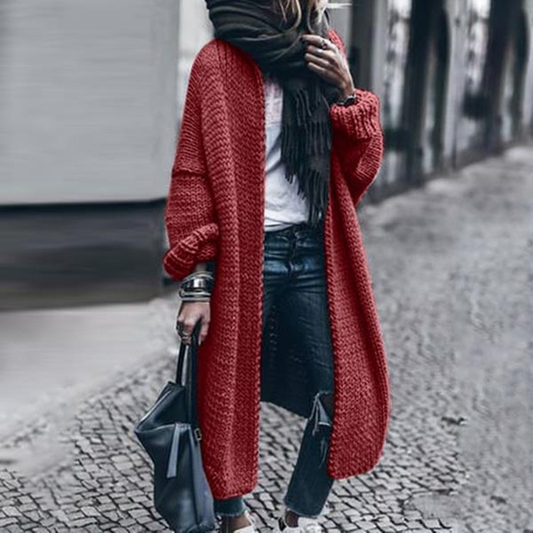 Cardigan tricotat din acril, mâneci lungi, decolteu în V, croială lejeră, lungime lungă