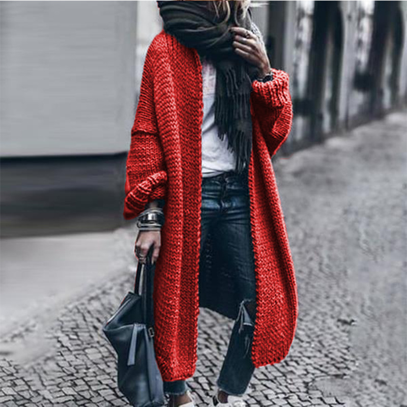 Cardigan tricotat din acril, mâneci lungi, decolteu în V, croială lejeră, lungime lungă