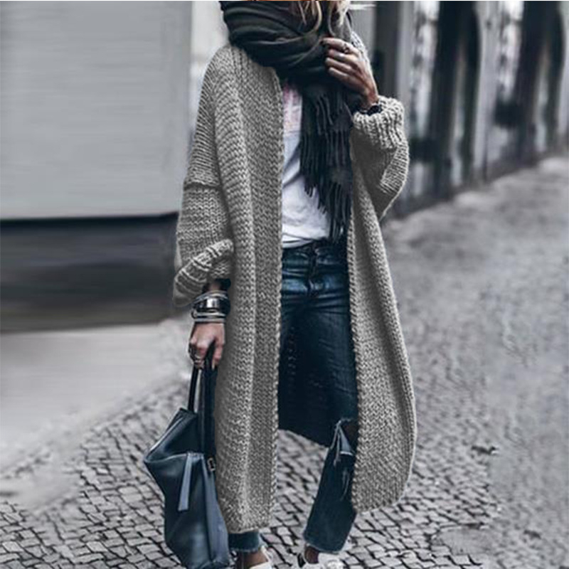 Cardigan tricotat din acril, mâneci lungi, decolteu în V, croială lejeră, lungime lungă