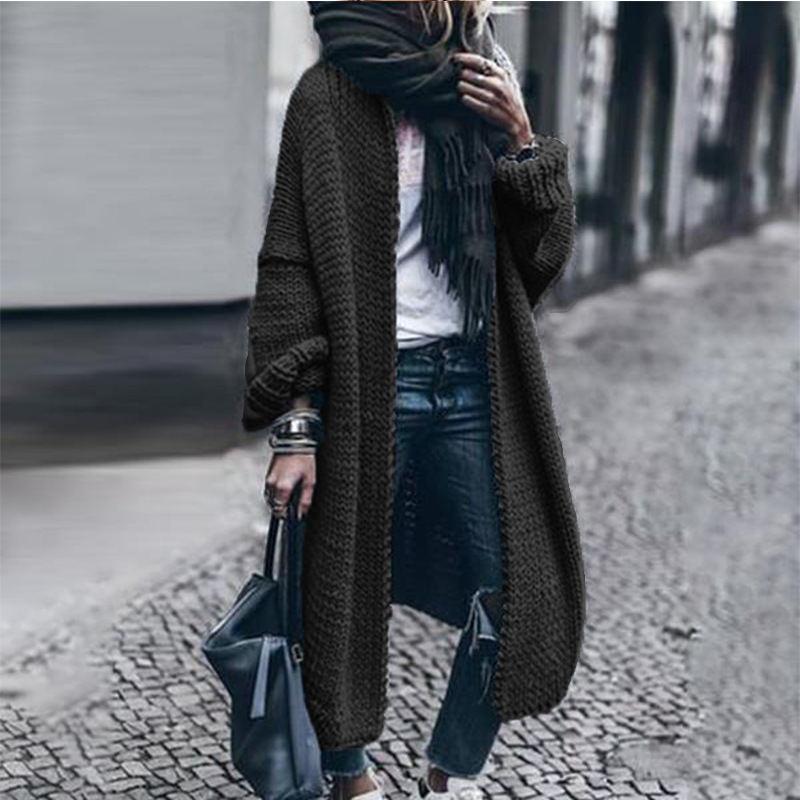 Cardigan tricotat din acril, mâneci lungi, decolteu în V, croială lejeră, lungime lungă