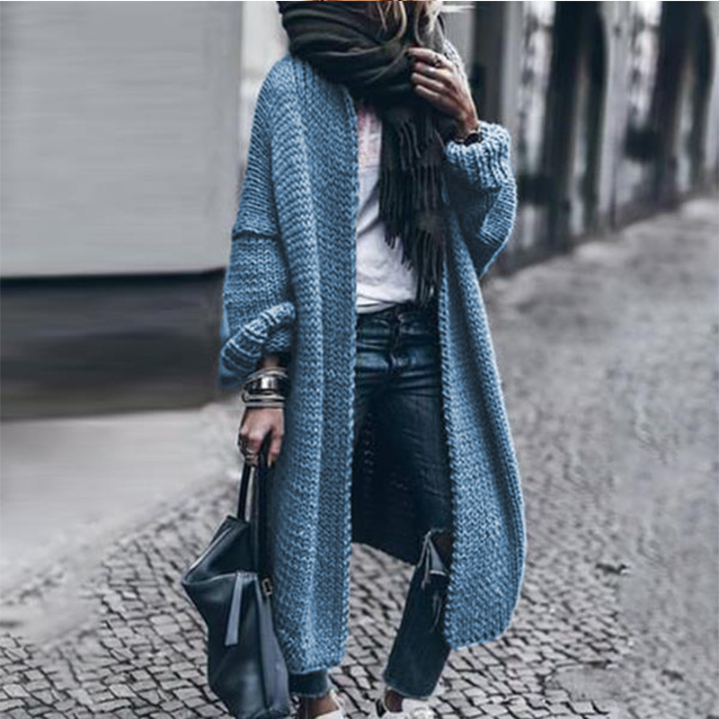 Cardigan tricotat din acril, mâneci lungi, decolteu în V, croială lejeră, lungime lungă