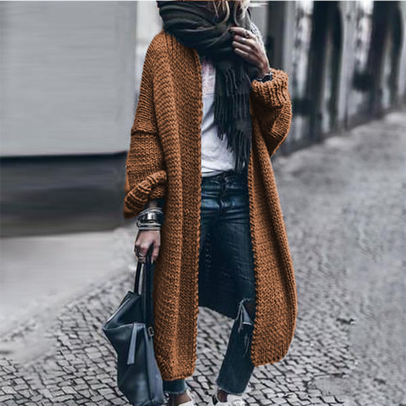 Cardigan tricotat din acril, mâneci lungi, decolteu în V, croială lejeră, lungime lungă