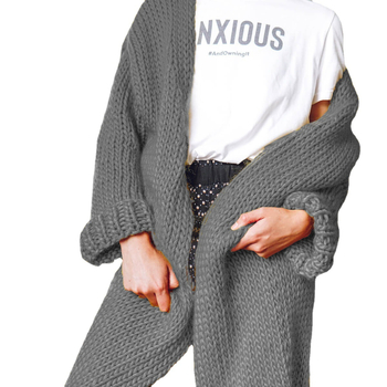 Cardigan tricotat pentru femei, amestec bumbac-acril, croială lejeră, guler în V, lungime lungă