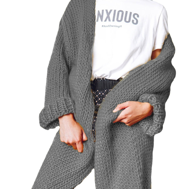 Cardigan tricotat pentru femei, amestec bumbac-acril, croială lejeră, guler în V, lungime lungă