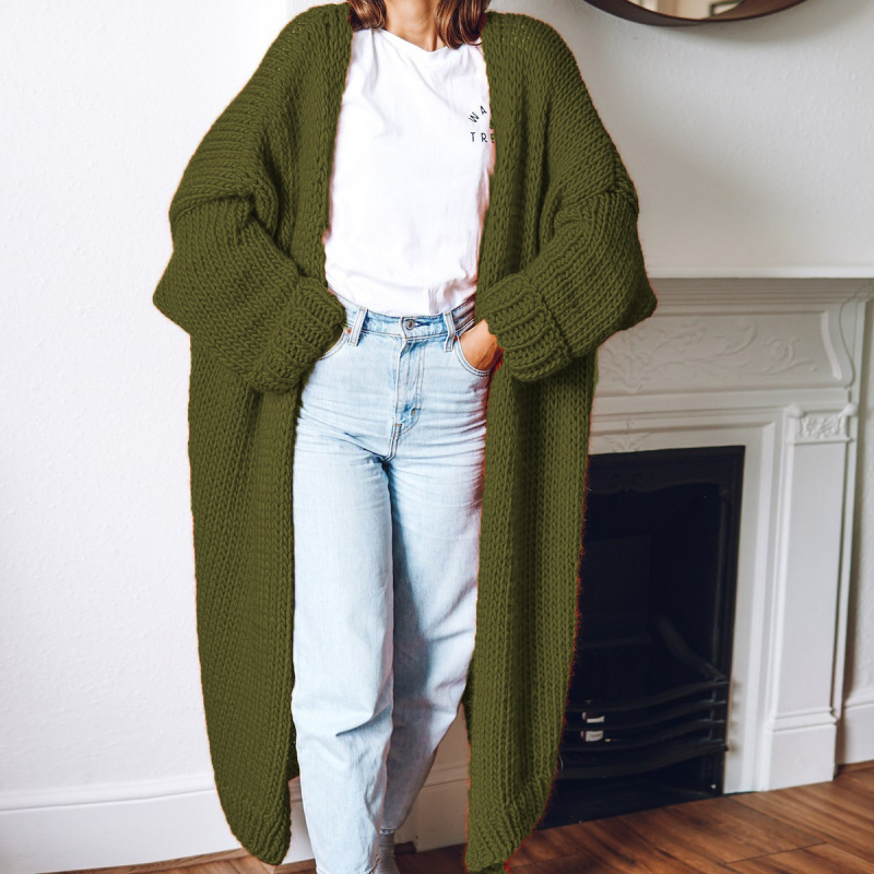 Cardigan tricotat pentru femei, amestec bumbac-acril, croială lejeră, guler în V, lungime lungă