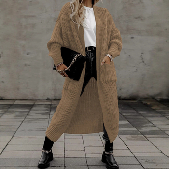 Cardigan din acril pentru femei, croială lejeră, guler în V, lungime lungă peste 100 cm, cu buzunare
