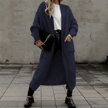 Cardigan din acril pentru femei, croială lejeră, guler în V, lungime lungă peste 100 cm, cu buzunare