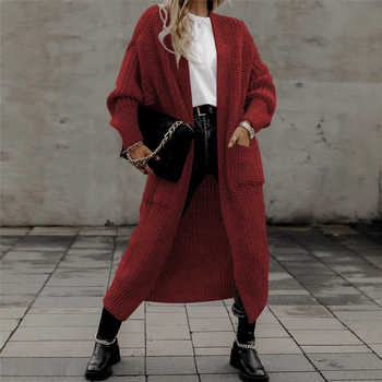 Cardigan din acril pentru femei, croială lejeră, guler în V, lungime lungă peste 100 cm, cu buzunare