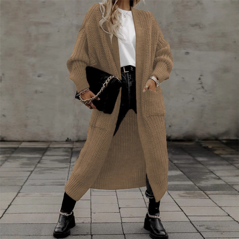 Cardigan din acril pentru femei, croială lejeră, guler în V, lungime lungă peste 100 cm, cu buzunare