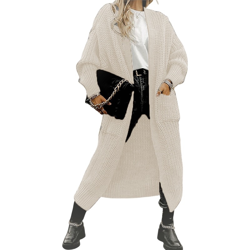 Cardigan din acril pentru femei, croială lejeră, guler în V, lungime lungă peste 100 cm, cu buzunare