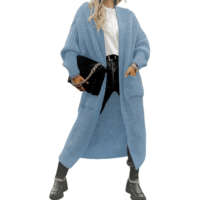 Cardigan din acril pentru femei, croială lejeră, guler în V, lungime lungă peste 100 cm, cu buzunare